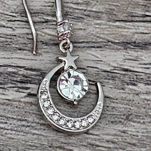 Silver Tone New Star Moon White Sapphire Dangle Earrings - Picture 7 of 7